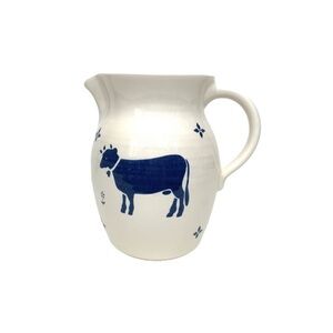Vintage Spectrum By Pfaltzgraff Ceramic Cow Flower Print Pitcher Off White Blue
